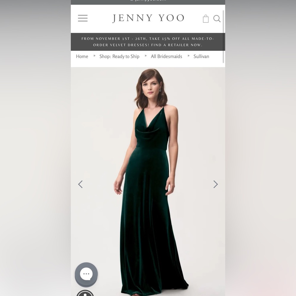 New Jenny Yoo Dress- Sullivan Style, Velvet Fabric, Emerald Color, Size: 8